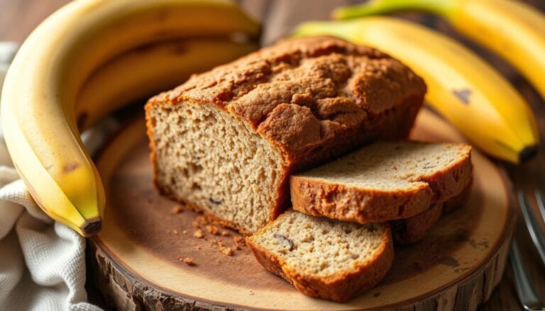 Sliced gluten free banana bread on a wooden board with fresh bananas