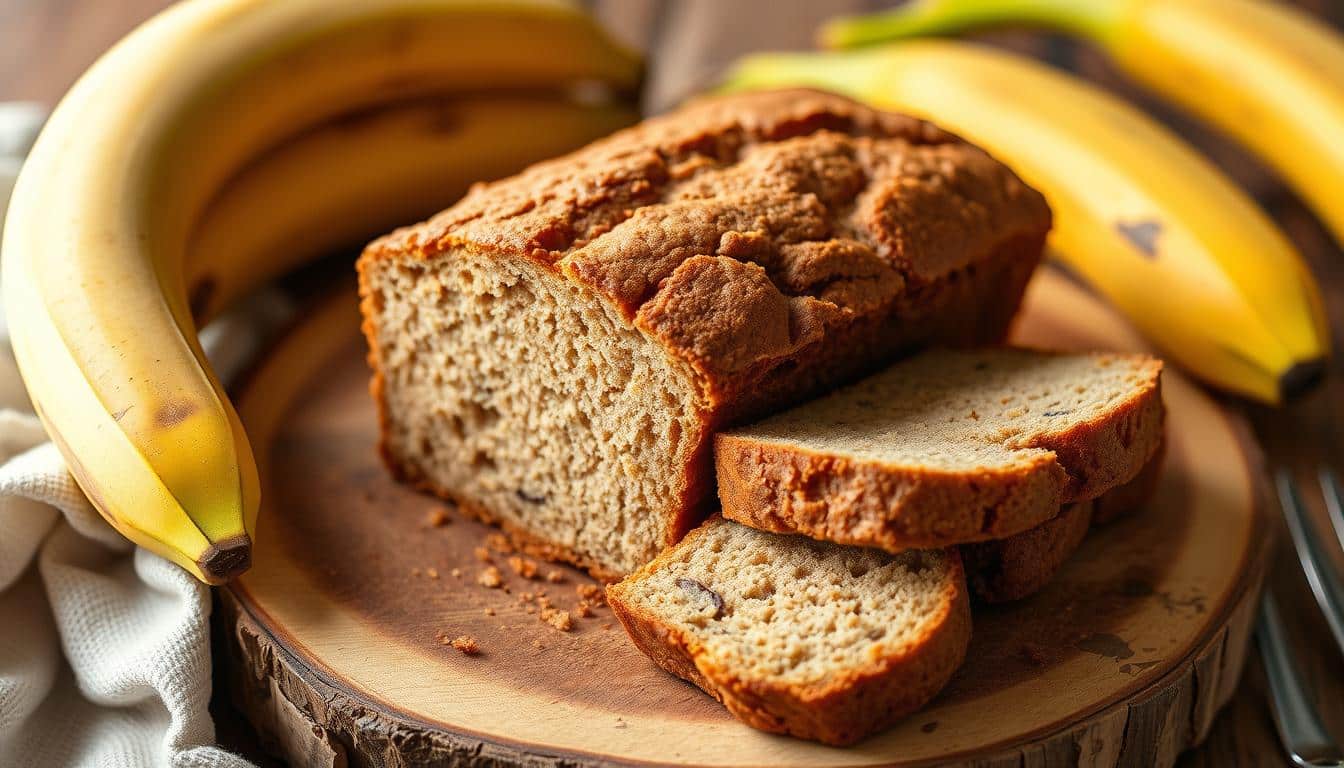Sliced gluten free banana bread on a wooden board with fresh bananas