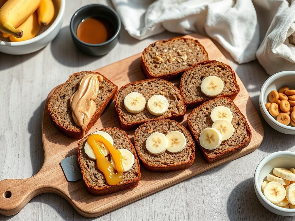 Slices of gluten free banana bread with various toppings