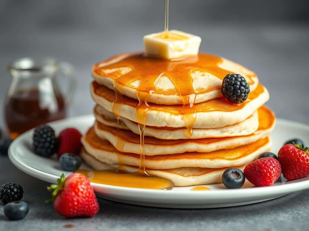 Stack of fluffy gluten free pancakes with maple syrup and berries