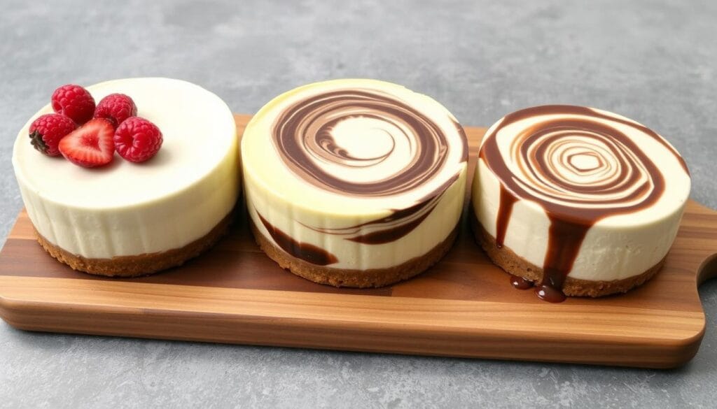 Three variations of gluten-free cheesecake side by side