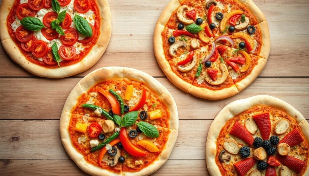 Variety of gluten free pizzas with different toppings