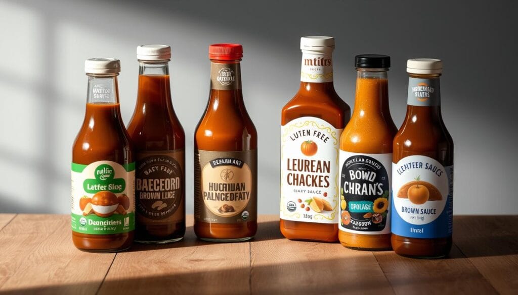 Various bottles of gluten-free brown sauce brands arranged on a wooden surface