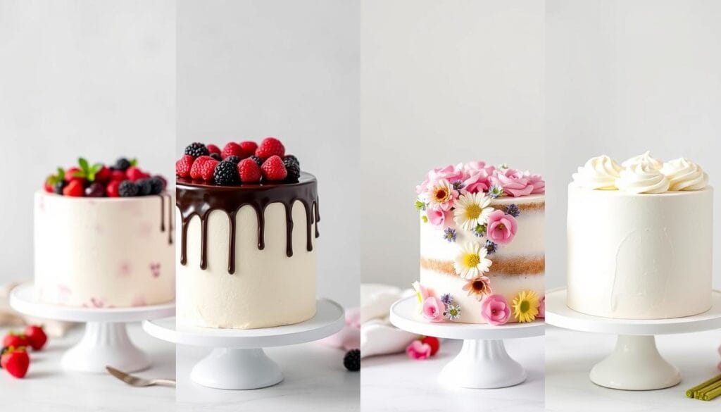 Various gluten free cake decoration ideas including fresh fruit, edible flowers, and dairy-free frosting