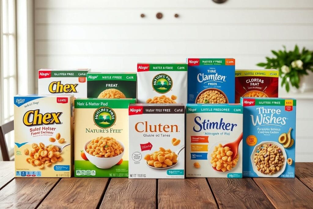 Various gluten-free cereal boxes arranged on a wooden table