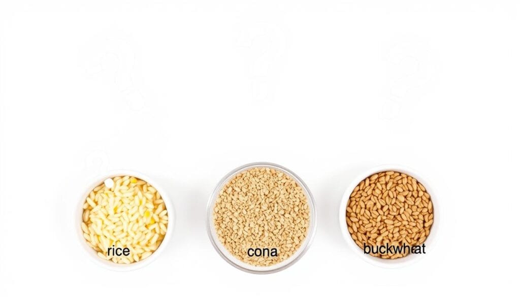 Various gluten-free cereal ingredients with question marks