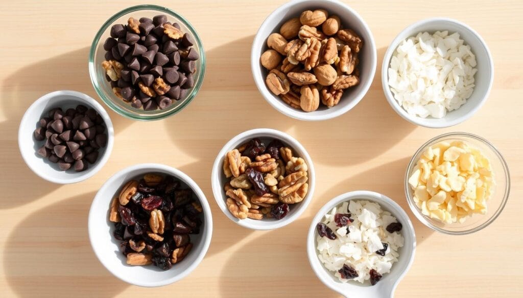 Various mix-ins for gluten free banana bread including nuts, chocolate chips, and dried fruit