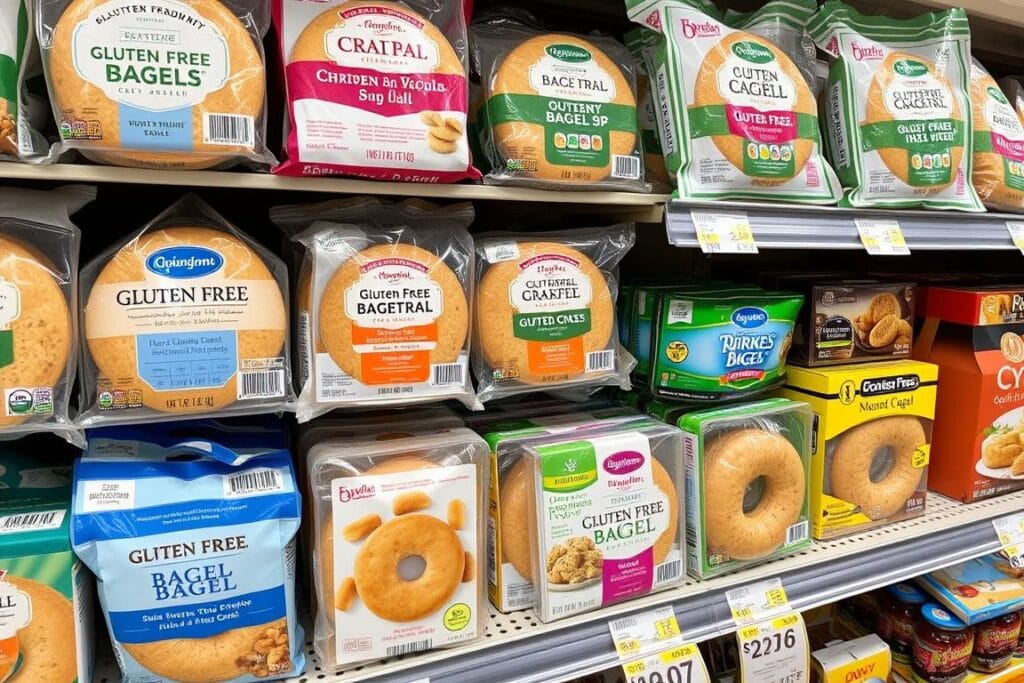 Various packaged gluten free bagel brands displayed on store shelf