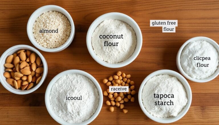 Various types of gluten free flour displayed in bowls including almond flour, coconut flour, rice flour, and tapioca starch