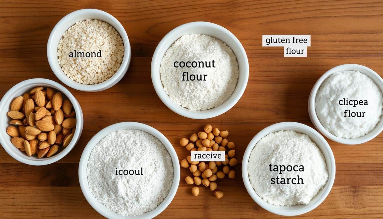 Various types of gluten free flour displayed in bowls including almond flour, coconut flour, rice flour, and tapioca starch