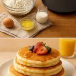 Deliciously fluffy pancakes stacked on a plate with syrup and berries