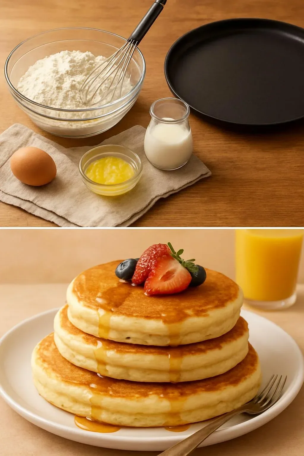 Deliciously fluffy pancakes stacked on a plate with syrup and berries