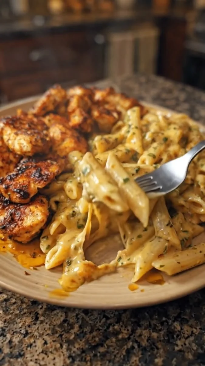Cajun Chicken served with creamy Cajun Alfredo Penne pasta