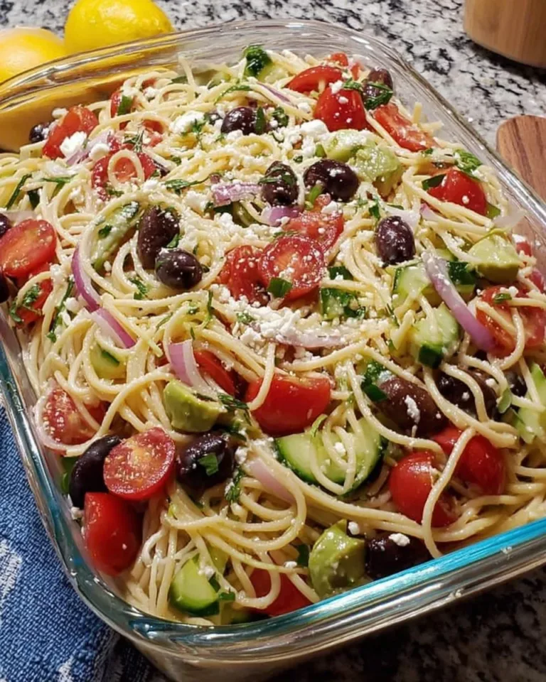 Colorful California Spaghetti Salad with fresh vegetables and dressing