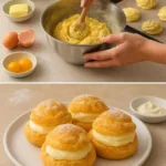 Classic cream puffs filled with vanilla cream on a serving platter.