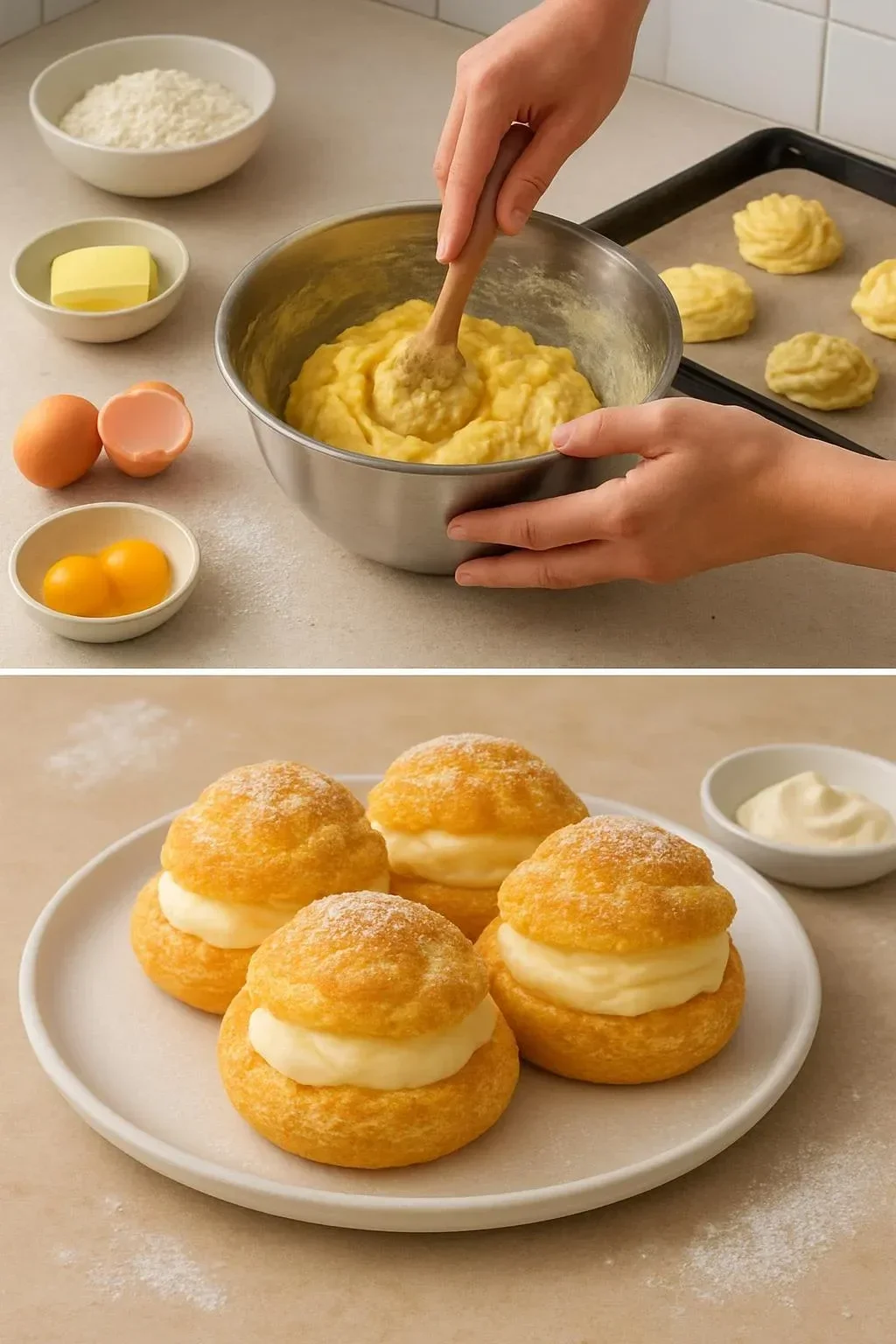 Classic cream puffs filled with vanilla cream on a serving platter.