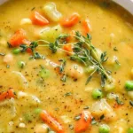 Bowl of creamy vegetable soup with colorful vegetables and herbs on top