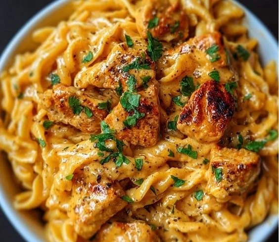 Creamy chicken pasta dish served in a bowl with herbs and parmesan cheese