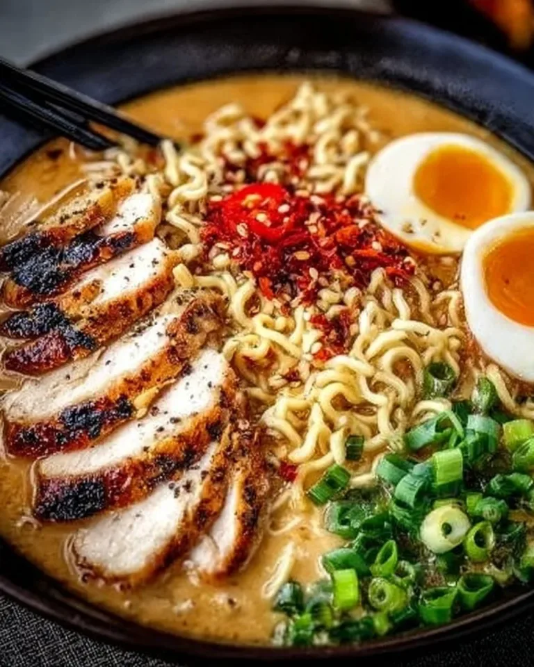 Delicious creamy garlic chicken ramen in a bowl with fresh ingredients