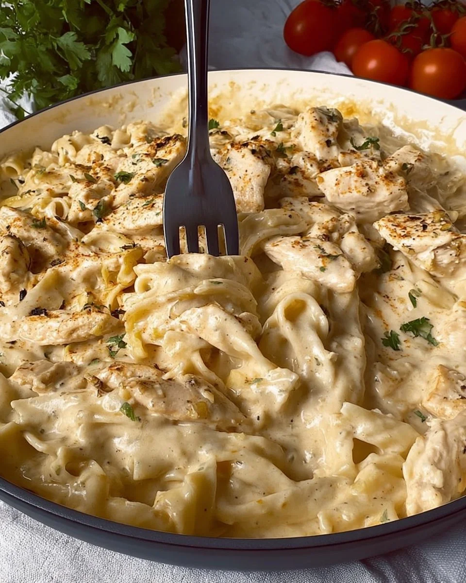 Dairy Free Chicken Alfredo served in a bowl with fresh herbs and vegetables.