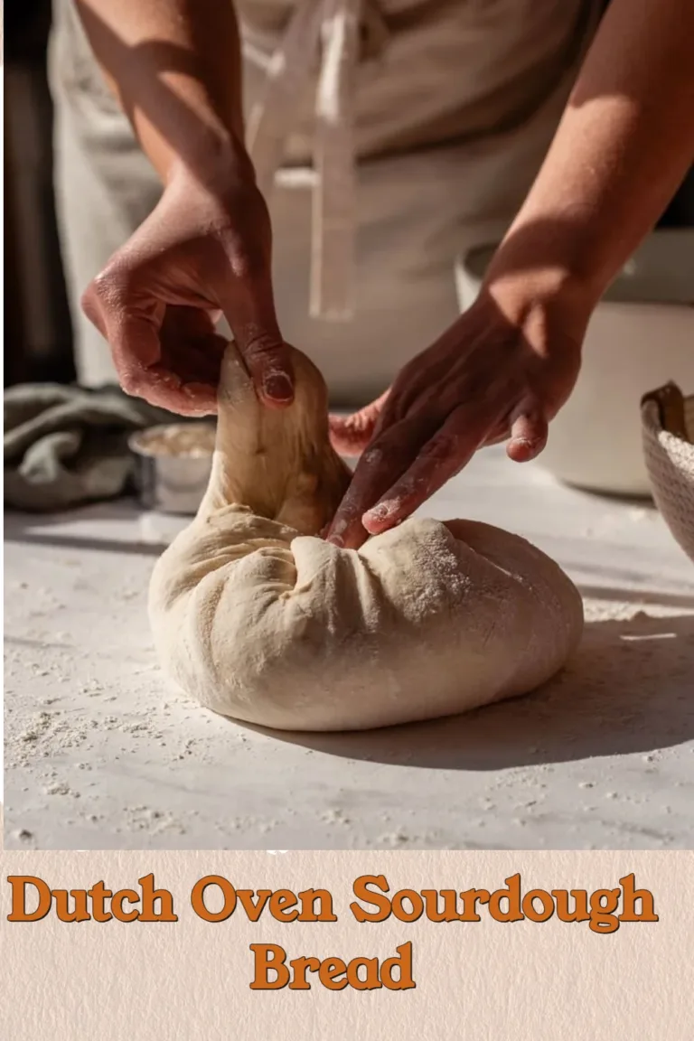 Freshly baked Dutch Oven Sourdough Bread on a wooden table