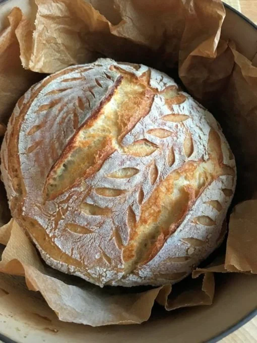 Easy no-knead sourdough bread fresh out of the oven