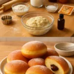 Fluffy baked paczki with jam filling on a plate