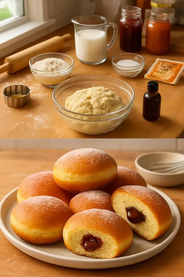 Fluffy baked paczki with jam filling on a plate