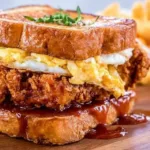 French Toast Fried Chicken Sandwich served with syrup and garnished with herbs