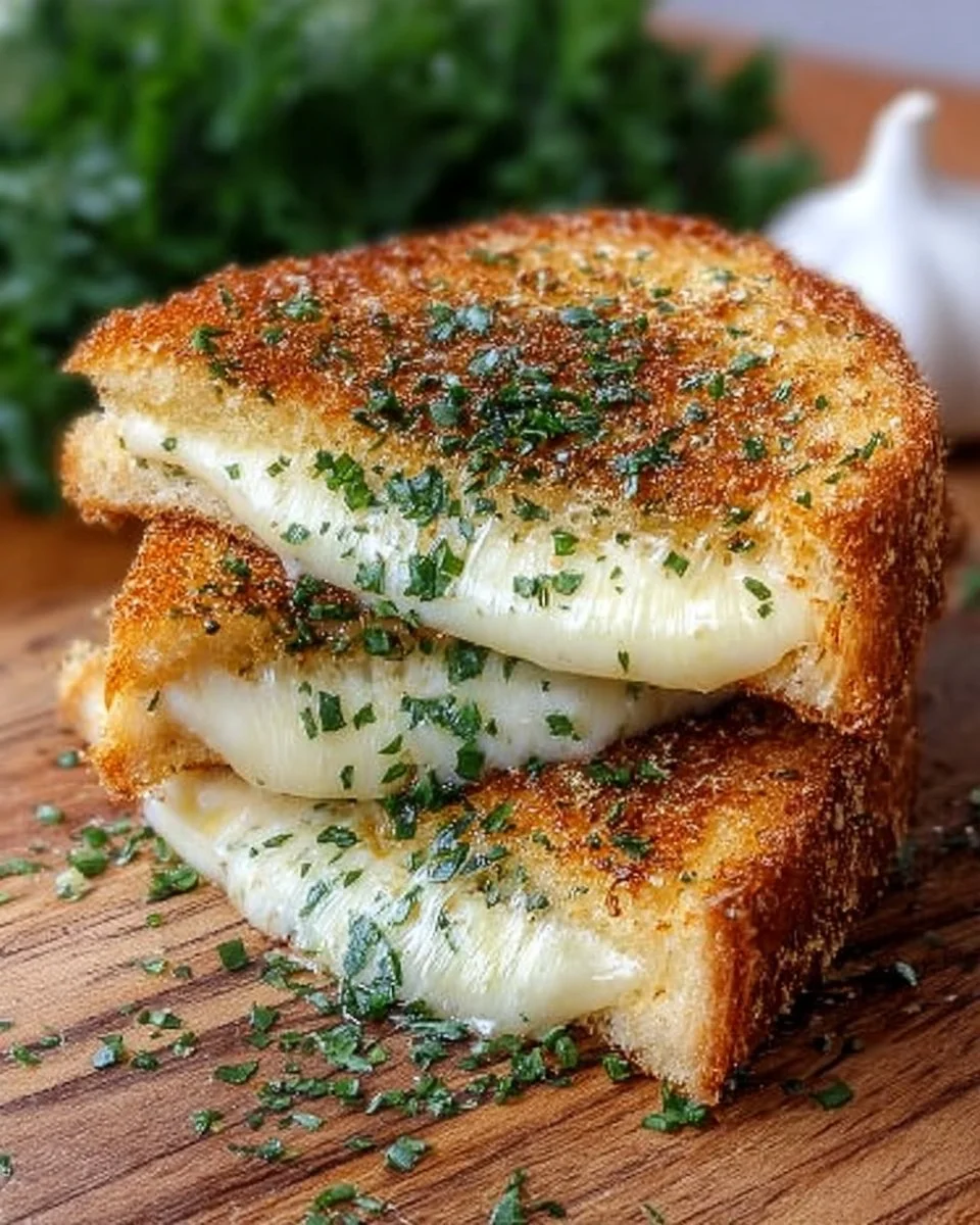 Delicious Garlic Bread Grilled Cheese sandwich on a plate