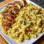 Plate of Garlic Parmesan Chicken Pasta topped with grated cheese and herbs.