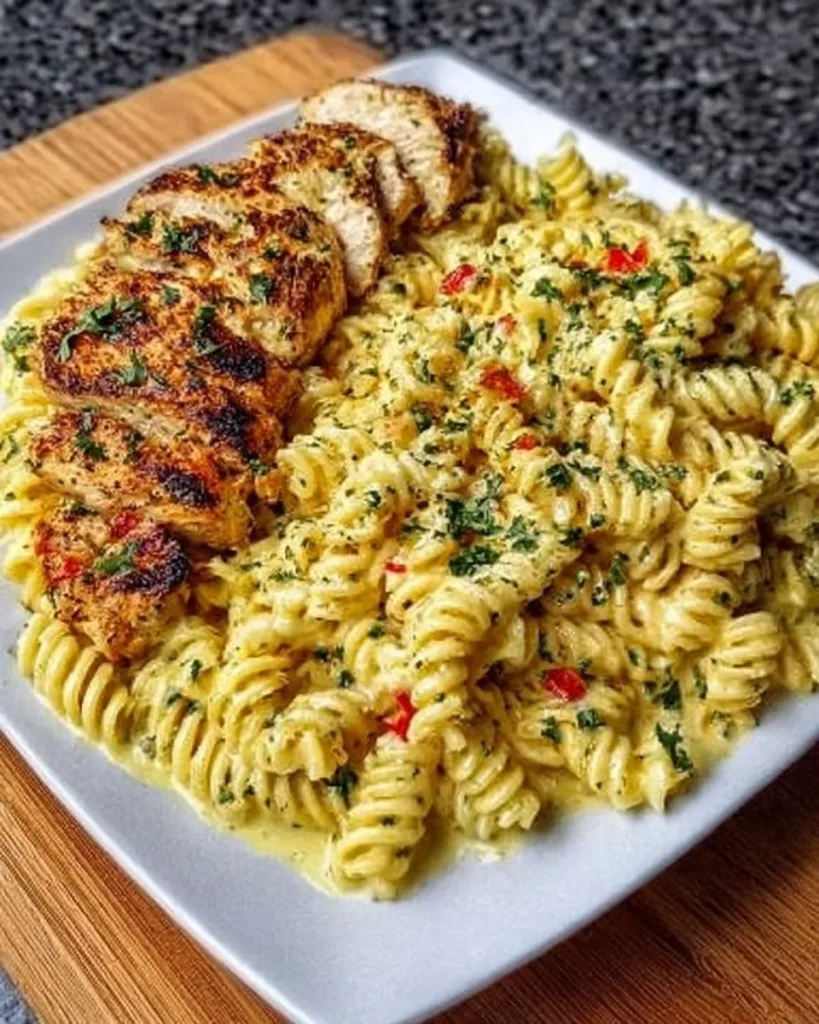 Plate of Garlic Parmesan Chicken Pasta topped with grated cheese and herbs.