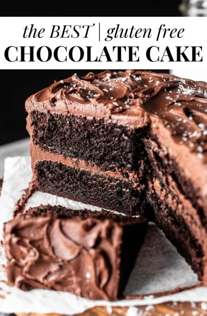 Delicious gluten free chocolate cake decorated with chocolate ganache.