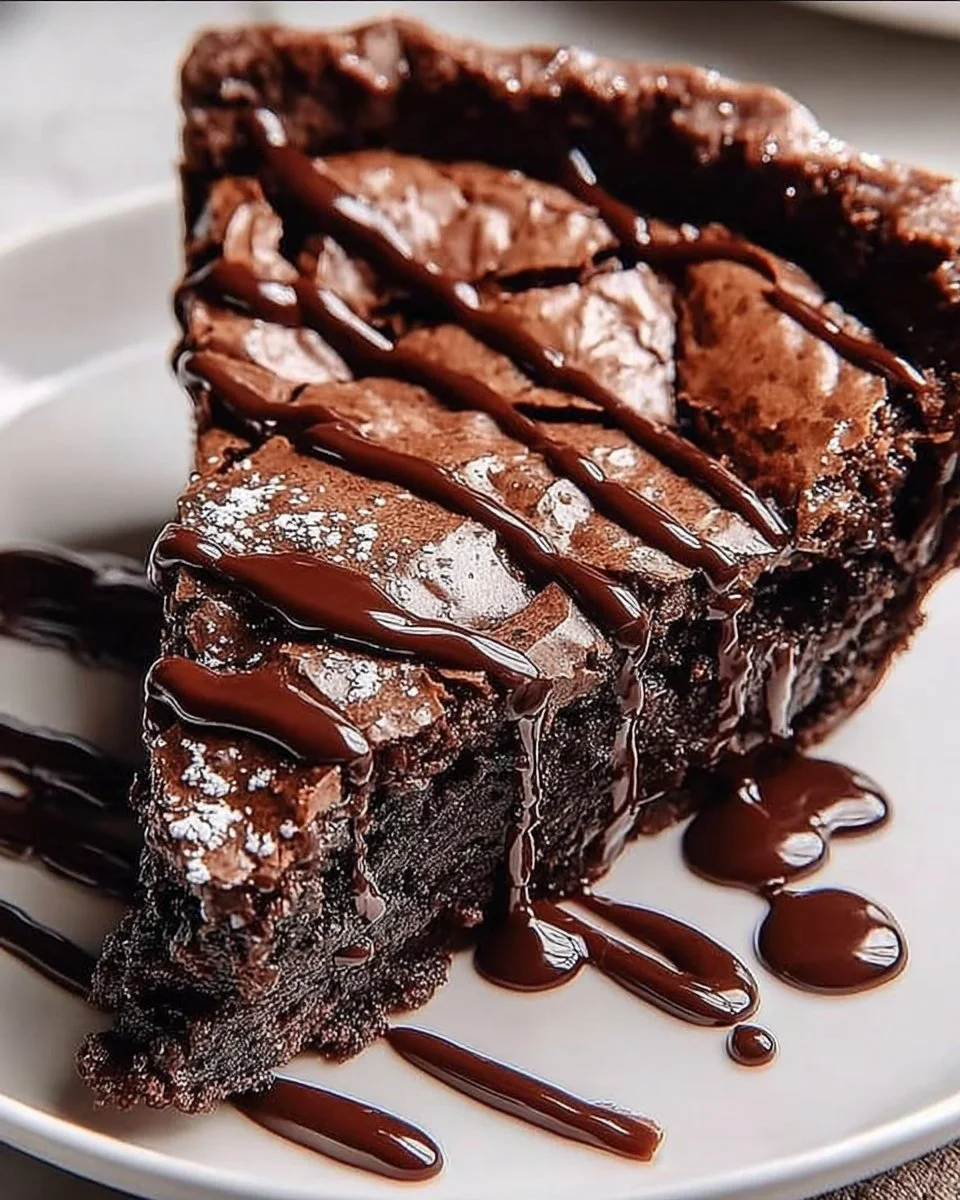Gooey brownie pie topped with chocolate drizzle on a white plate