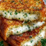 Gooey garlic grilled cheese sandwich with melted cheese and crispy bread
