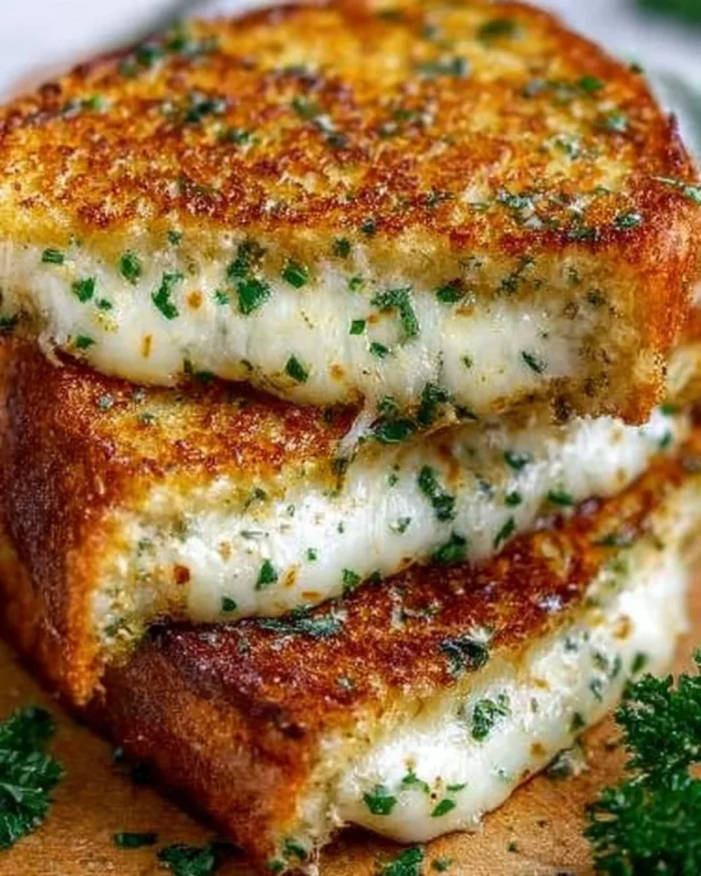 Gooey garlic grilled cheese sandwich with melted cheese and crispy bread