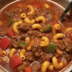 A bowl of hearty goulash with meat, vegetables, and spices