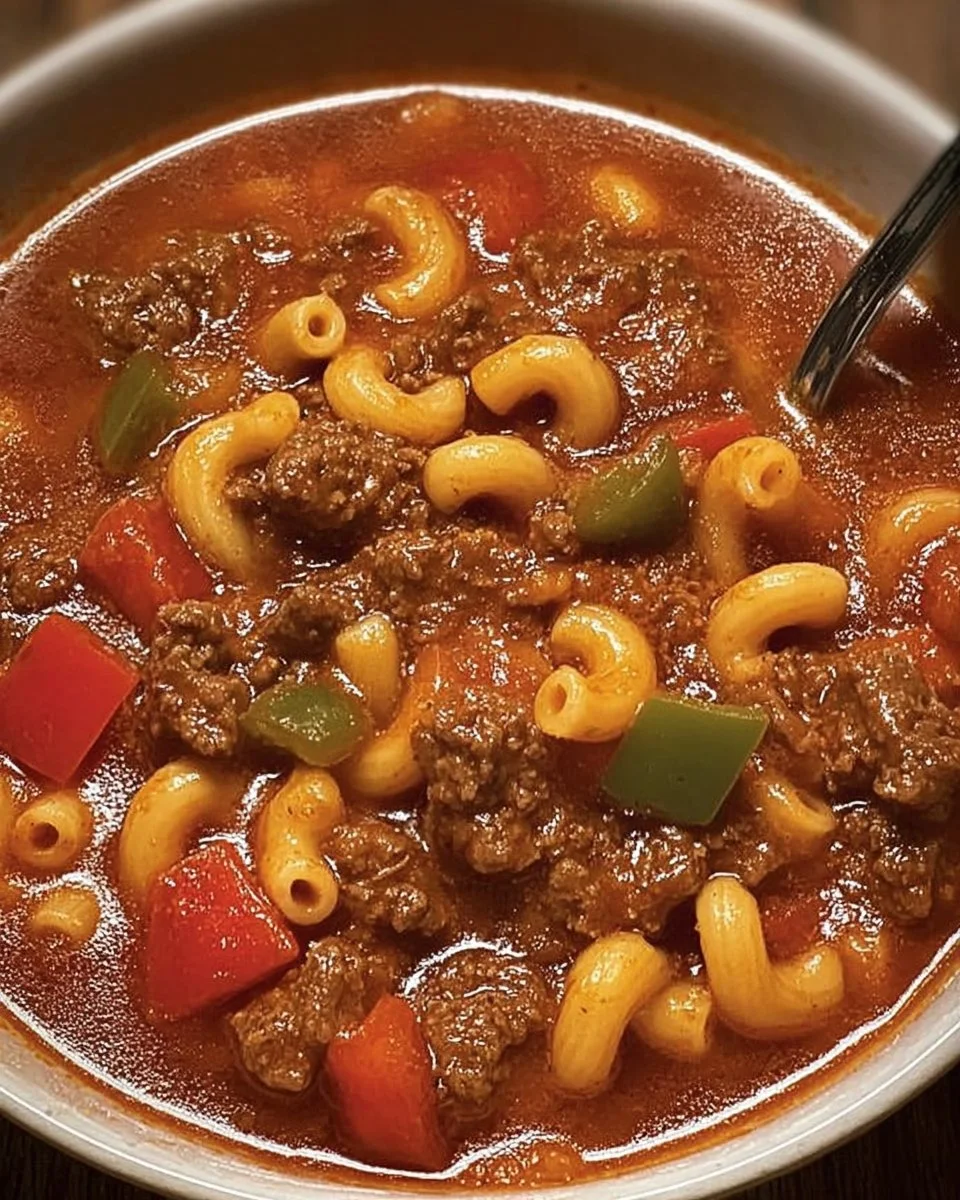 A bowl of hearty goulash with meat, vegetables, and spices