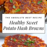 Healthy sweet potato hash browns served on a plate with herbs.