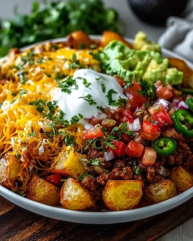 Loaded Potato Taco Bowl topped with fresh ingredients and crispy potatoes