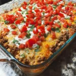 Delicious Mexican taco lasagna layered with beef, cheese, and spices