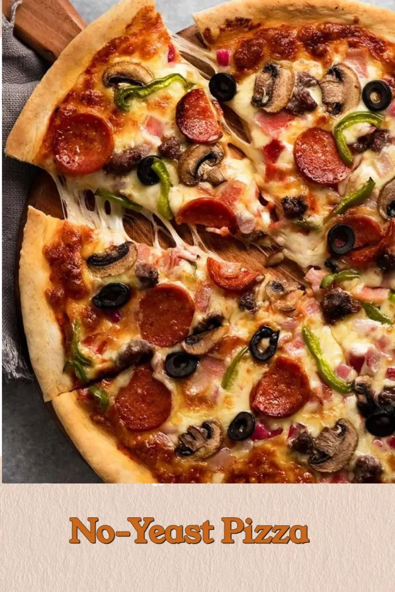 Delicious homemade No-Yeast Pizza topped with fresh ingredients