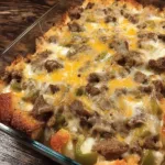 Delicious Philly Cheese Steak Casserole topped with cheese and peppers