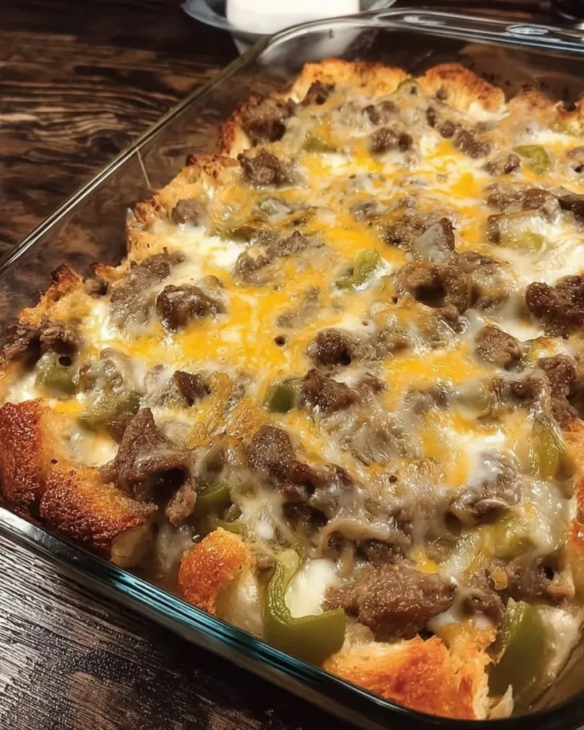 Delicious Philly Cheese Steak Casserole topped with cheese and peppers