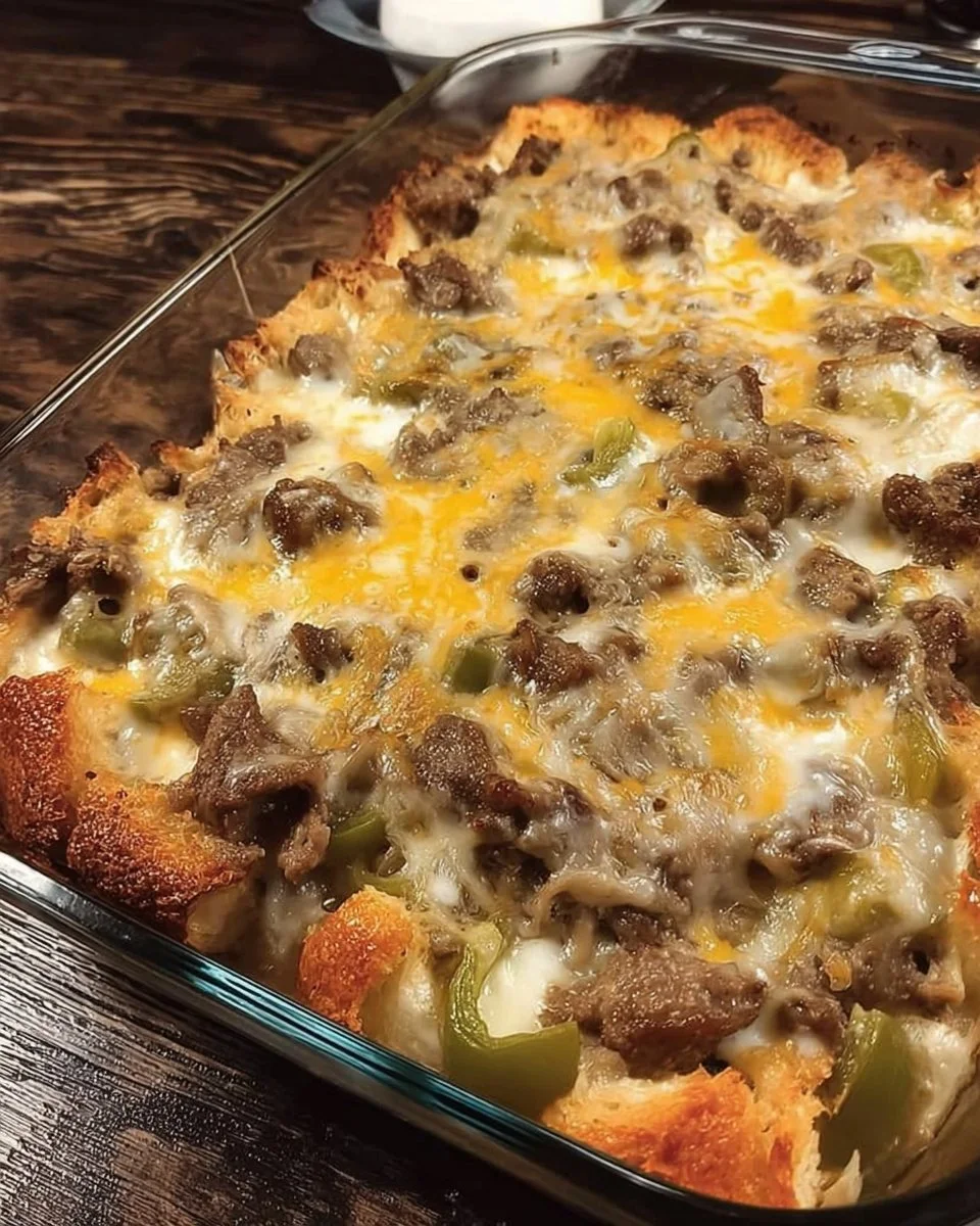 Delicious Philly Cheese Steak Casserole topped with cheese and peppers