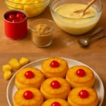 Delicious Pineapple Upside Down Cupcakes topped with cherries and a caramel glaze