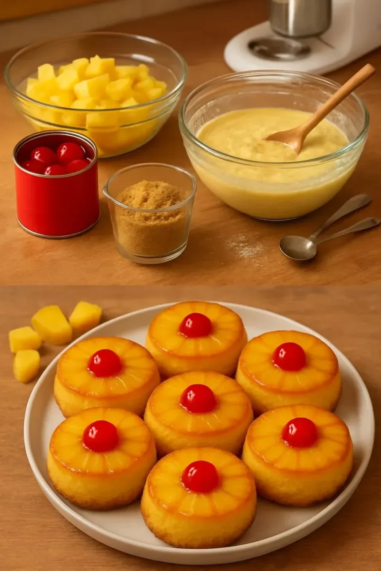 Delicious Pineapple Upside Down Cupcakes topped with cherries and a caramel glaze