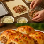 Savory puff pastry with minced meat and cheese filling