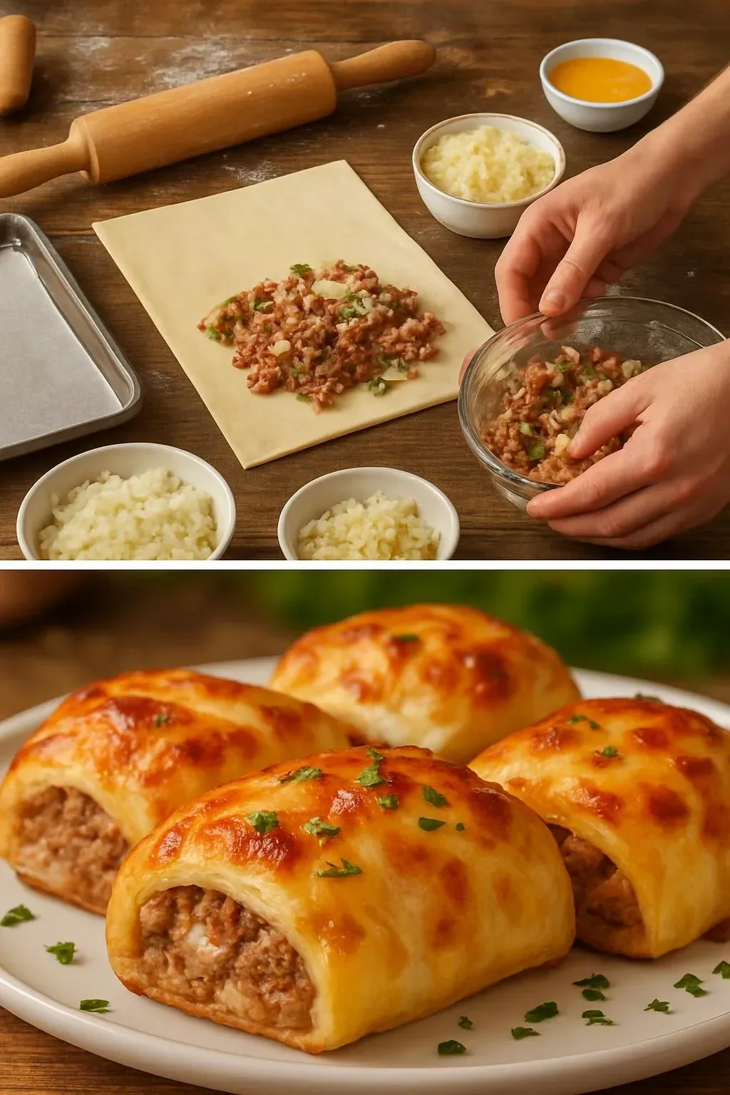 Savory puff pastry with minced meat and cheese filling