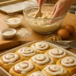 Delicious cinnamon walnut rolls with cream cheese frosting on a rustic table.